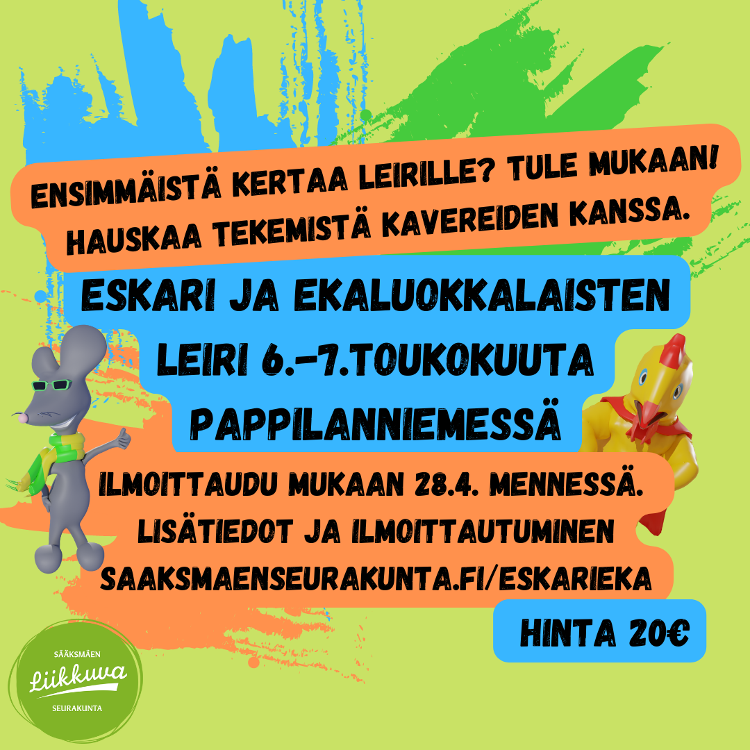 Eskari ja ekaluokkalaisten leiri 6.-7.toukokuuta Pappilanniemessä. Ilmoittaudu mukaan 28.4. mennessä.