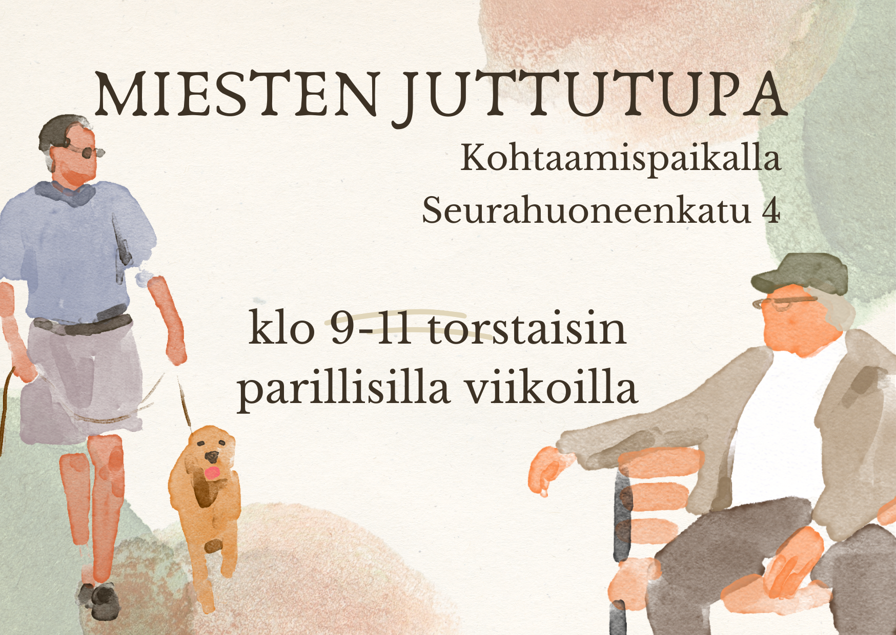 Miesten juttutupa akvarellipiirros missä kaksi miestä ja koira