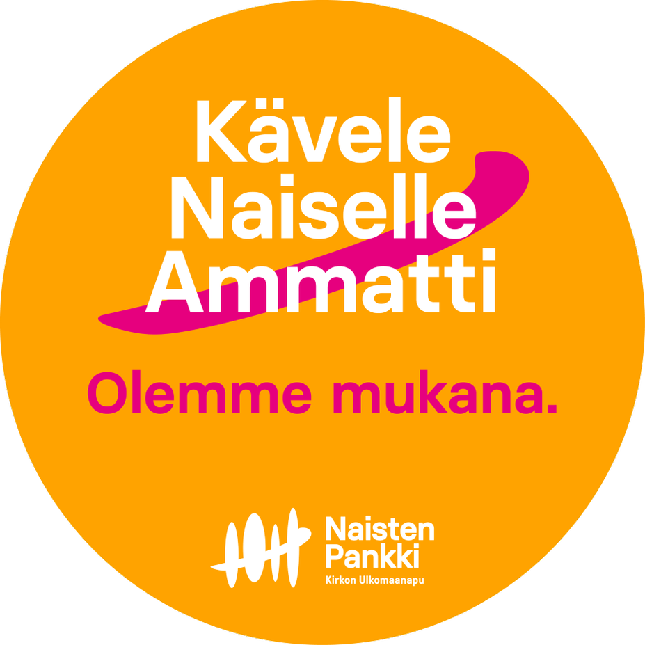 Kävele Naiselle Ammatti keltainen pallo jossa logo ja teksti olemme mukana