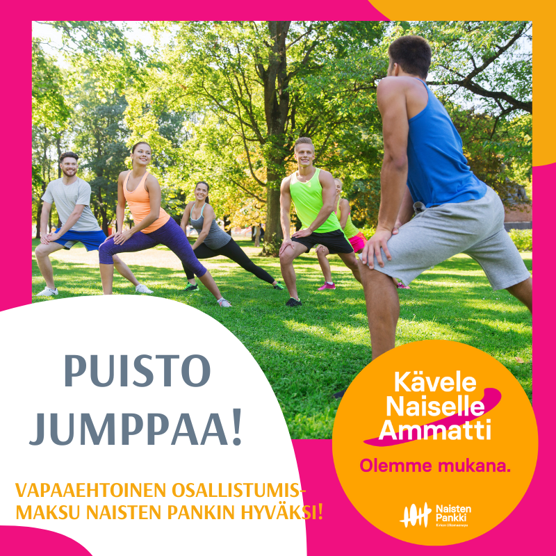 Puistojumppaa Naisten Pankin hyväksi! puistossa jumppaavia ihmisiä