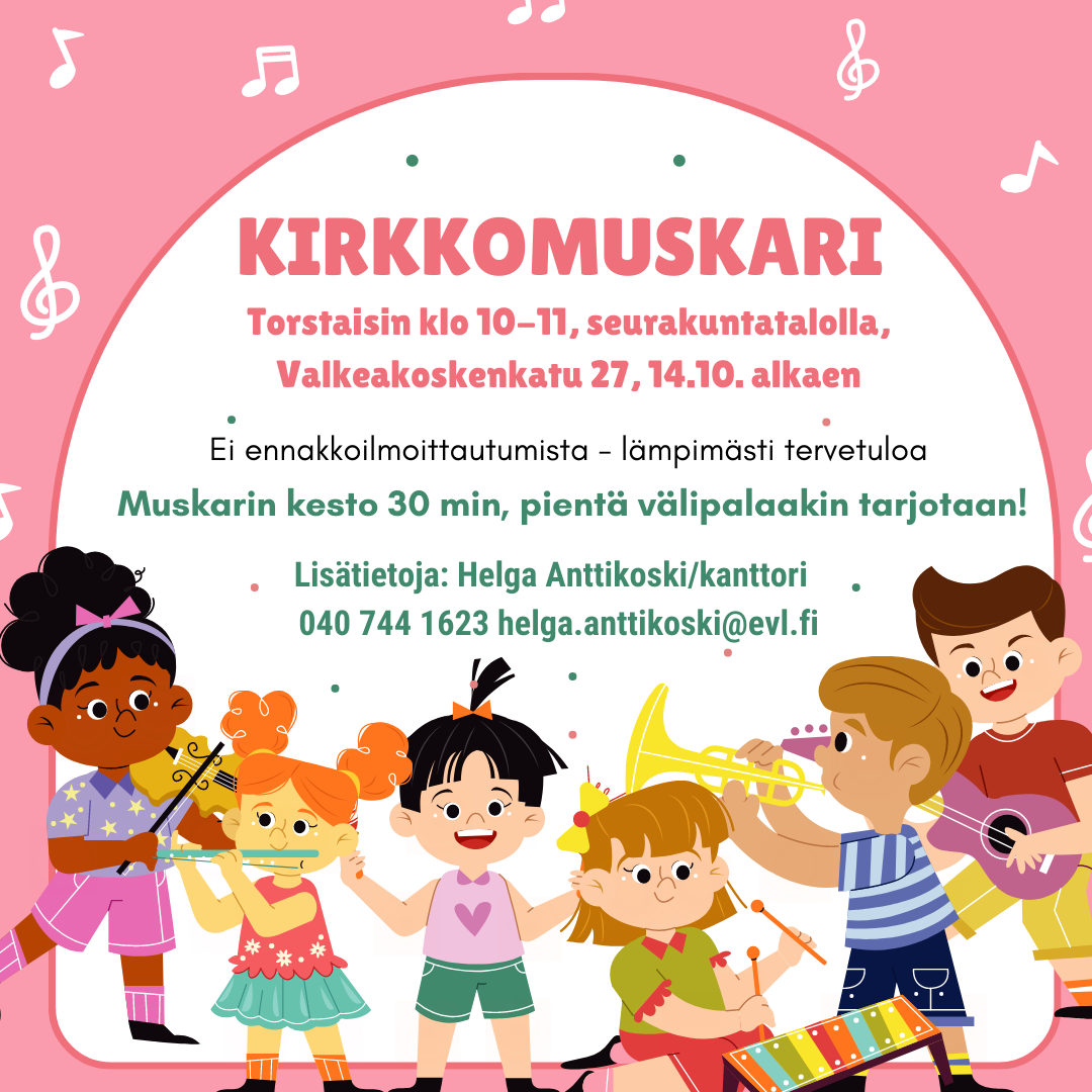 Kirkkomuskari muskarimainos, soittavia lapsia, piirros, grafiikka, vaaleanpunainen, nuotteja