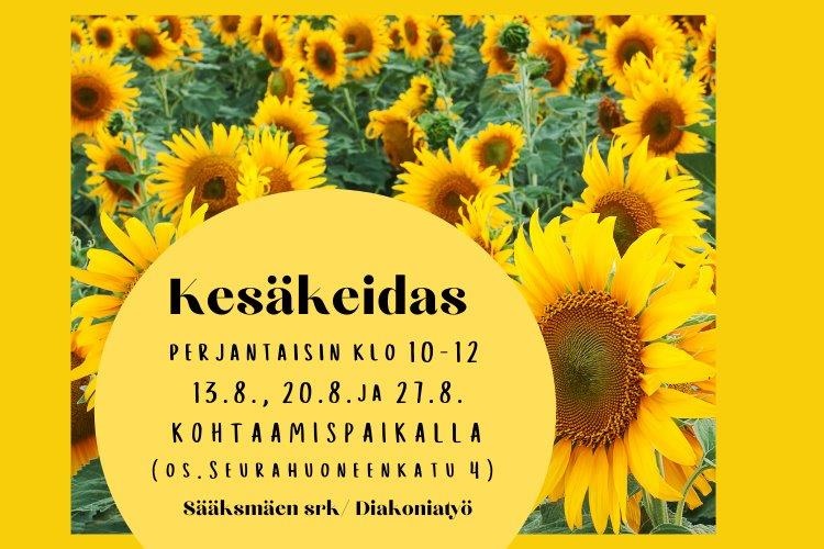 Keltaisella pohjalla auringonkukkia sekä Kesäkeidasta koskeva teksti